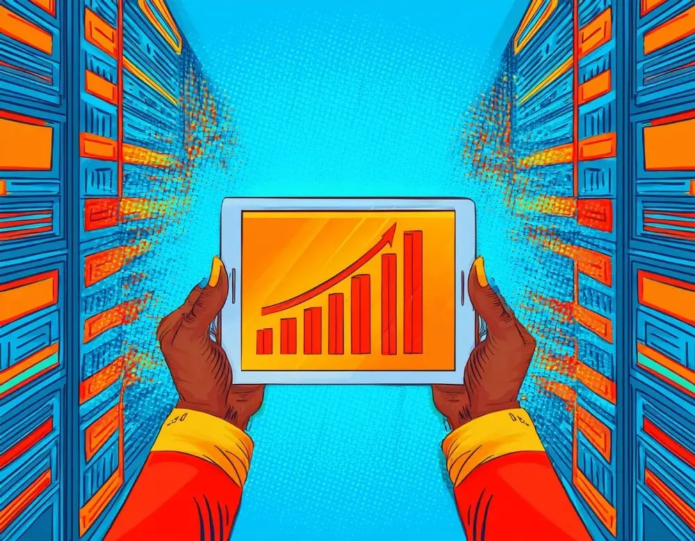 hands holding tablet with graph on screen next to server racks pop art style