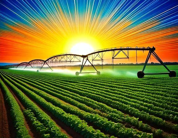 The sun rising over a field of crops with irrigation